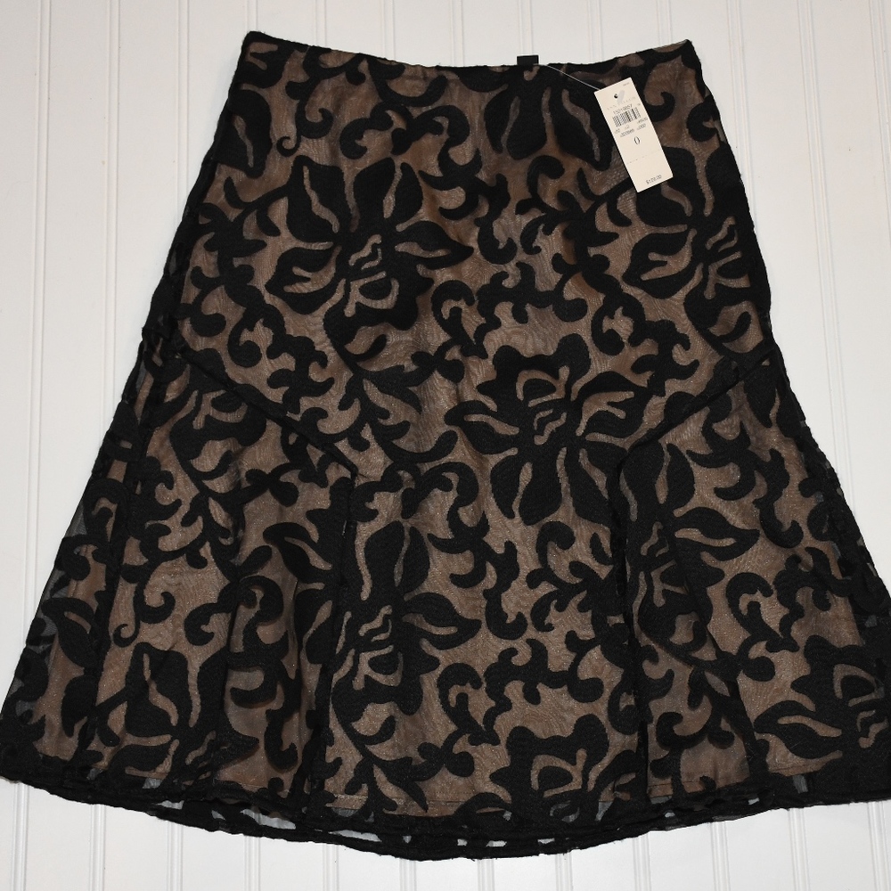 NWT Ann Taylor Floral Overlay Skirt, Black Tan, 0